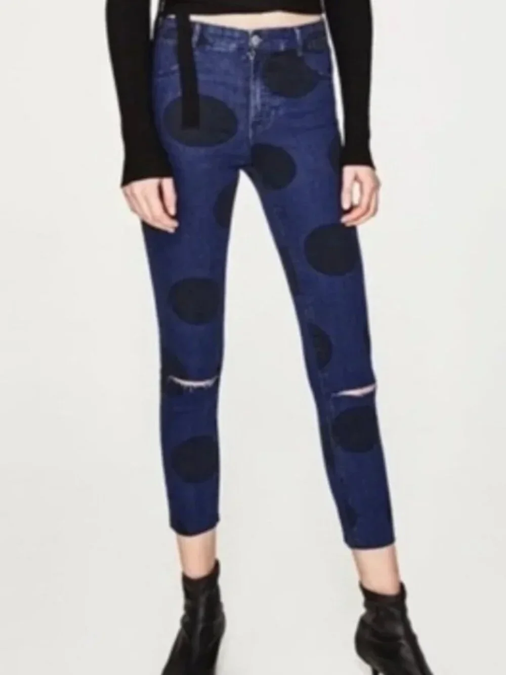 ZARA Trafaluc Denim Makers Polka Dot Skinny Jeans Cropped Blue Black Size 4